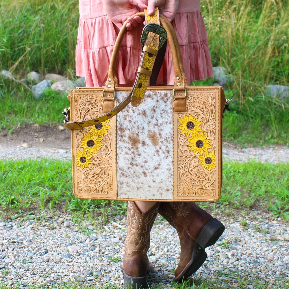 Sunflower Tooled and Painted Leather Tote with Cow Hair on Hide